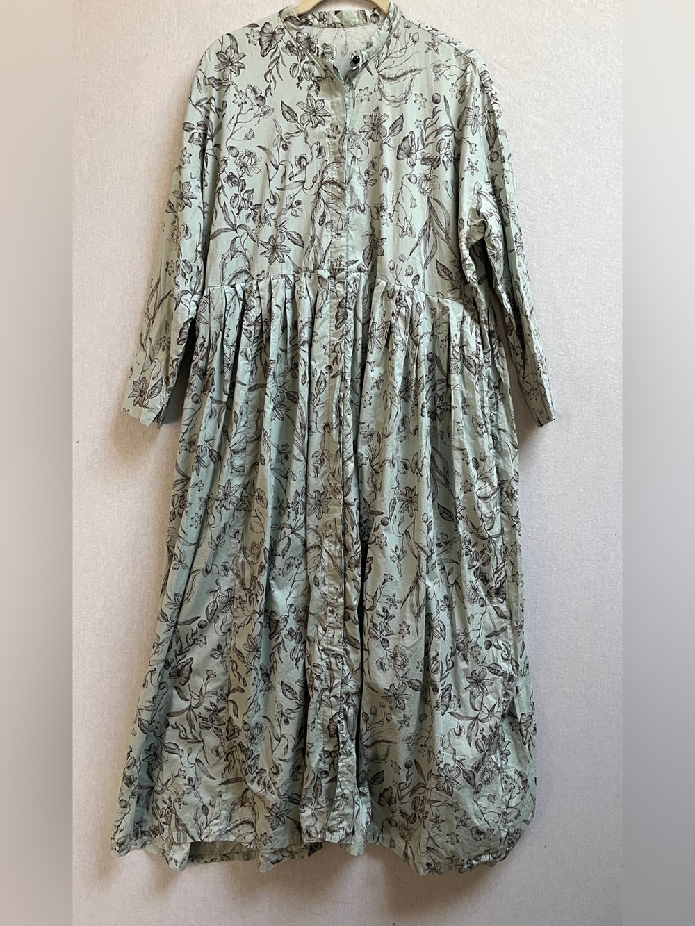 Light Green Black Floral Button-Front Long Sleeve Maxi Dress Cotton M